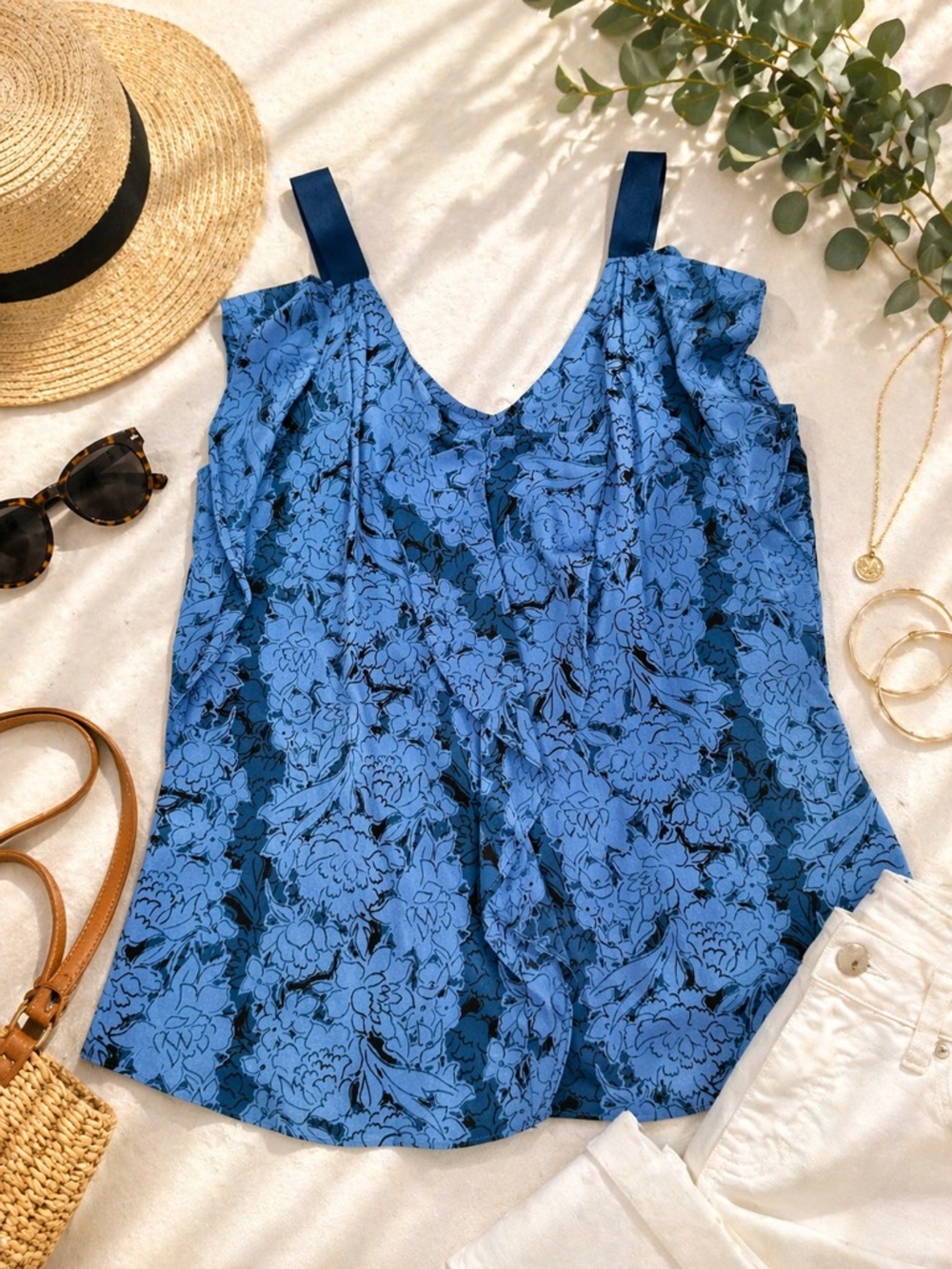 Banana Republic Blue Floral Ruffle Tank Top Size M